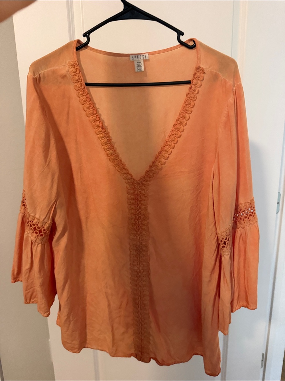 Spense Peach-Orange V-Neck Crochet Trim Tunic